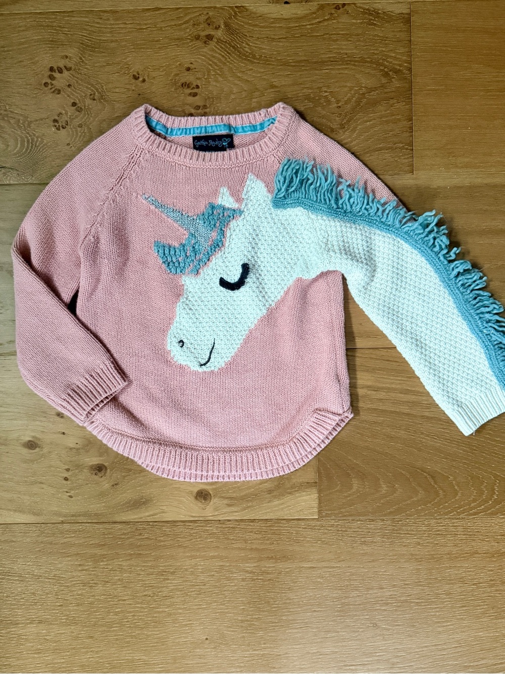 Cynthia Rowley Girls 3D Fringe Unicorn Cotton Sweater Small/4 Muted Pink Cutesy